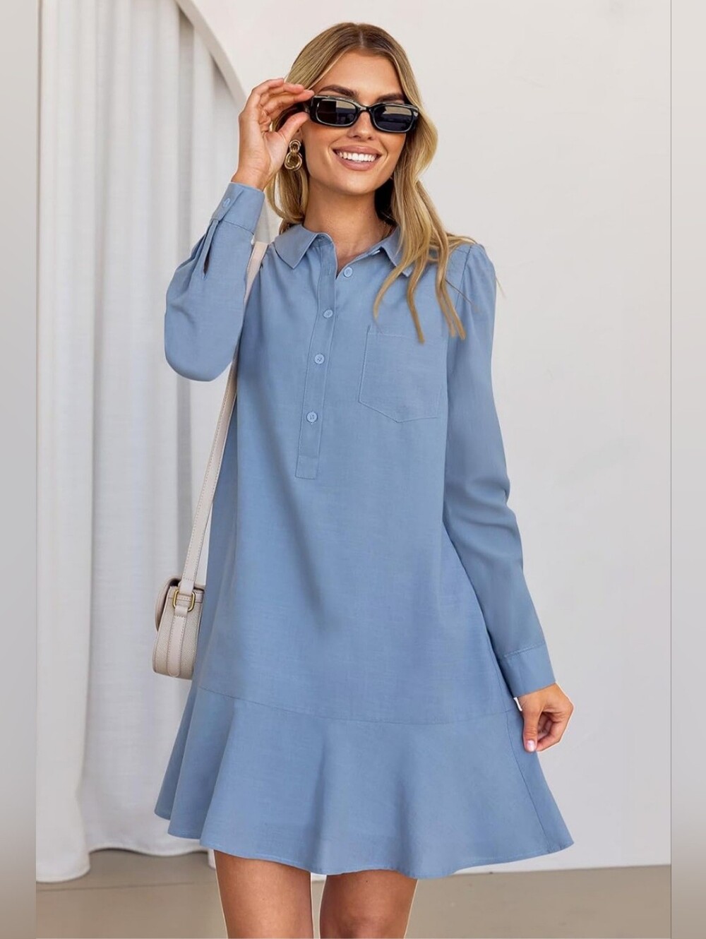 NWT Gray‎ Blue Long Sleeve Ruffle Hem Shirt Dress | Size Small Modest,